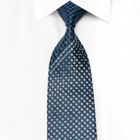 TLS Men's Crystal Silk Necktie Silver Checker Trellis On Blue With Sparkles