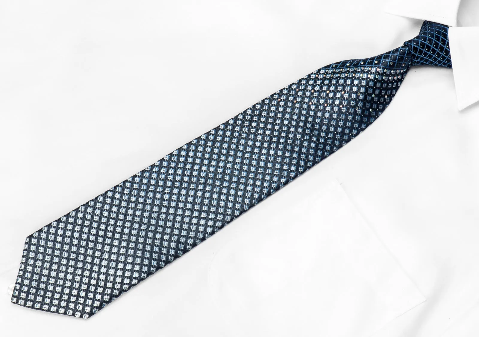 TLS Men's Crystal Silk Necktie Silver Checker Trellis On Blue With Sparkles