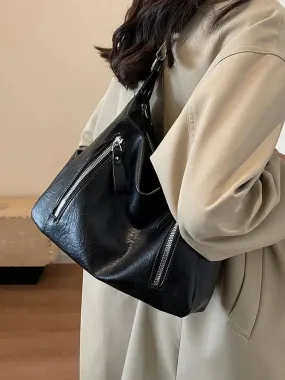 Zipper Pockets Leather Tote Bag