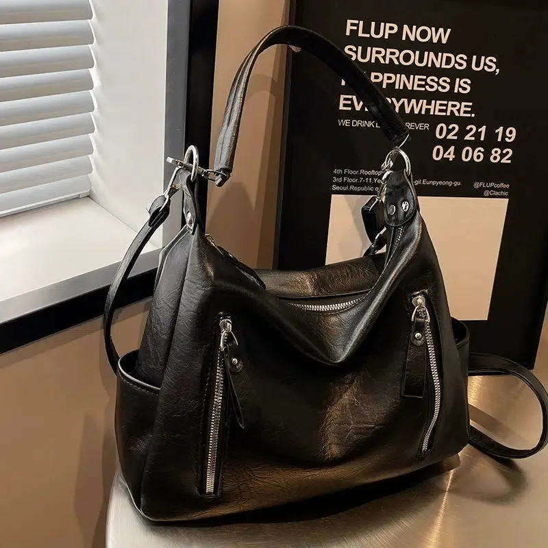 Zipper Pockets Leather Tote Bag