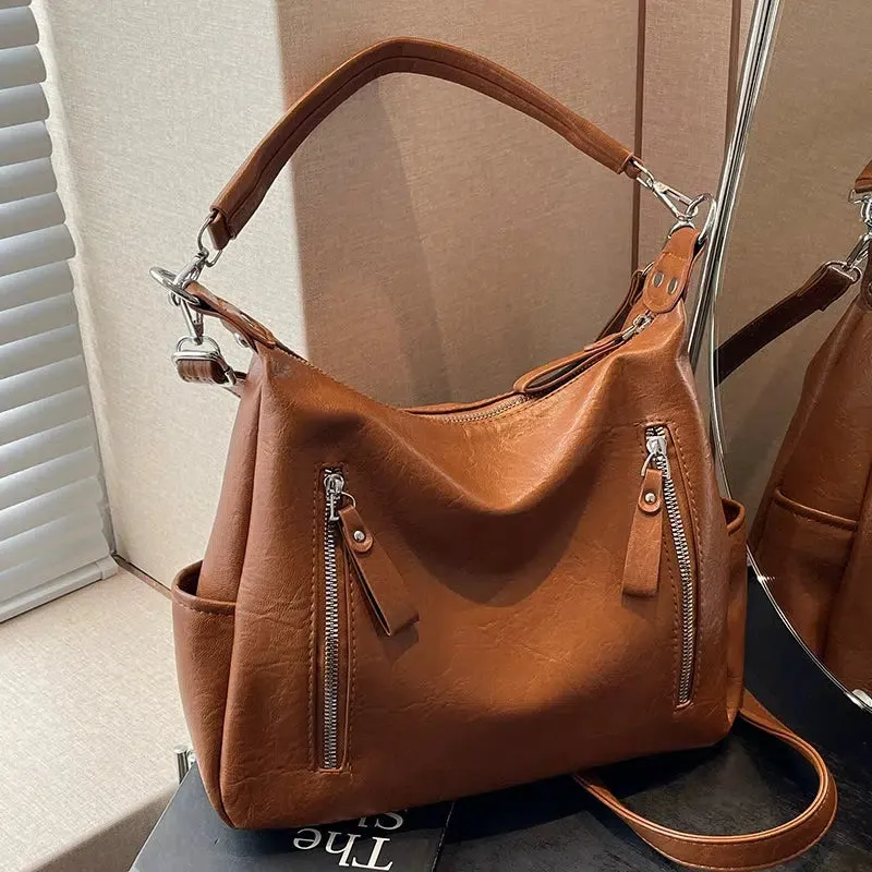 Zipper Pockets Leather Tote Bag