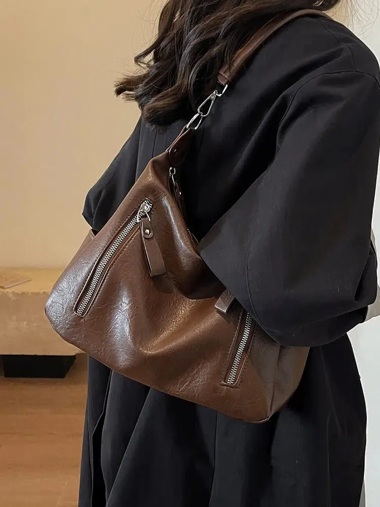 Zipper Pockets Leather Tote Bag
