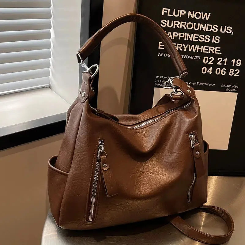 Zipper Pockets Leather Tote Bag