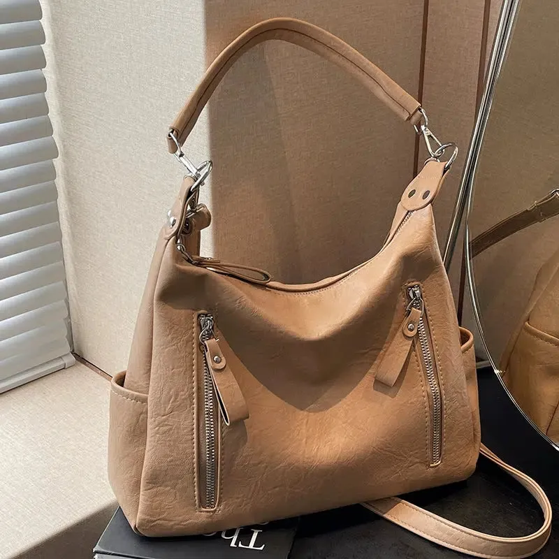 Zipper Pockets Leather Tote Bag